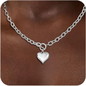 BERISO Gold Chunky Necklaces for Women 14K Gold/Silver Plated Chain Toggle Clasp Necklace Dainty Heart Pendant Paperclip Necklace Choker Necklace For Women