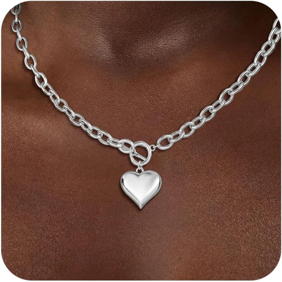BERISO Gold Chunky Necklaces for Women 14K Gold/Silver Plated Chain Toggle Clasp Necklace Dainty Heart Pendant Paperclip Necklace Choker Necklace For Women