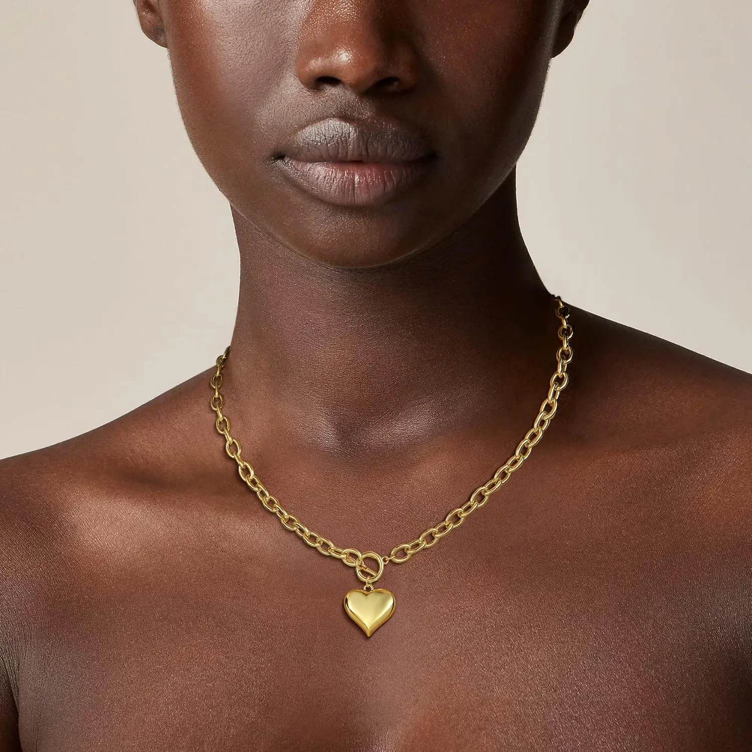 BERISO Gold Chunky Necklaces for Women 14K Gold/Silver Plated Chain Toggle Clasp Necklace Dainty Heart Pendant Paperclip Necklace Evil Eye Choker Necklace For Women