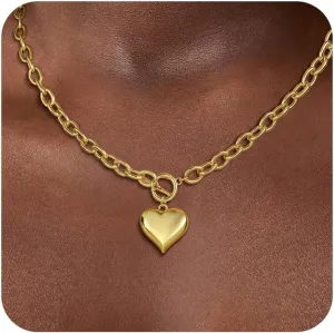 BERISO Gold Chunky Necklaces for Women 14K Gold/Silver Plated Chain Toggle Clasp Necklace Dainty Heart Pendant Paperclip Necklace Evil Eye Choker Necklace For Women