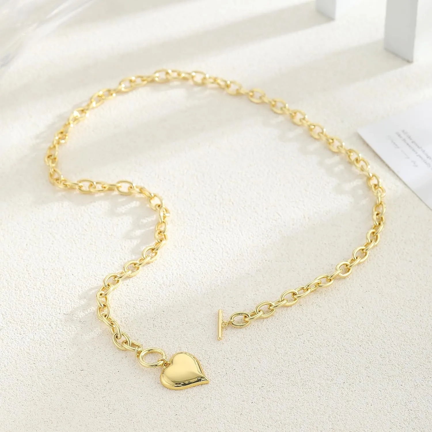 BERISO Gold Chunky Necklaces for Women 14K Gold/Silver Plated Chain Toggle Clasp Necklace Dainty Heart Pendant Paperclip Necklace Evil Eye Choker Necklace For Women