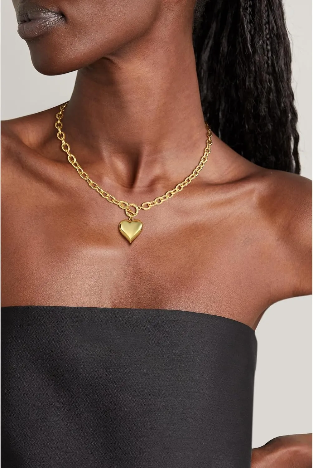 BERISO Gold Chunky Necklaces for Women 14K Gold/Silver Plated Chain Toggle Clasp Necklace Dainty Heart Pendant Paperclip Necklace Evil Eye Choker Necklace For Women