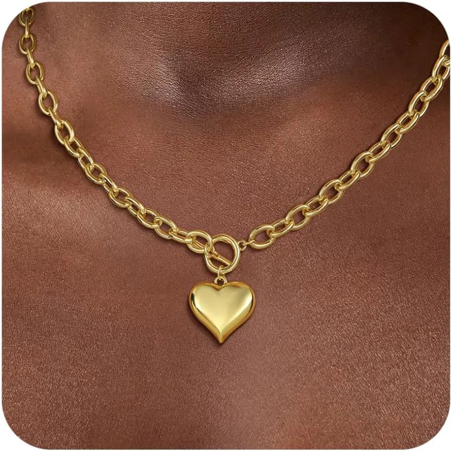 BERISO Gold Chunky Necklaces for Women 14K Gold/Silver Plated Chain Toggle Clasp Necklace Dainty Heart Pendant Paperclip Necklace Evil Eye Choker Necklace For Women