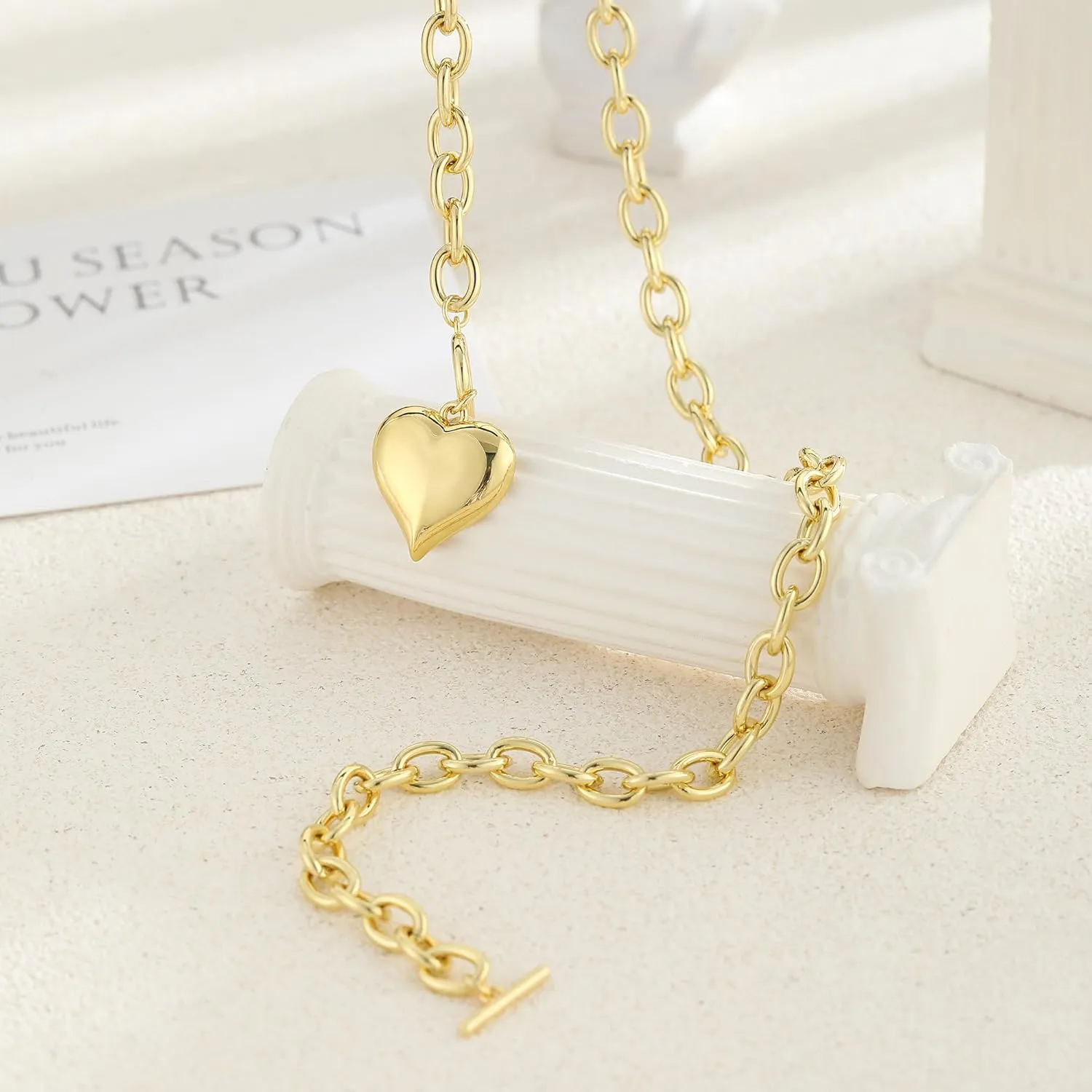 BERISO Gold Chunky Necklaces for Women 14K Gold/Silver Plated Chain Toggle Clasp Necklace Dainty Heart Pendant Paperclip Necklace Evil Eye Choker Necklace For Women
