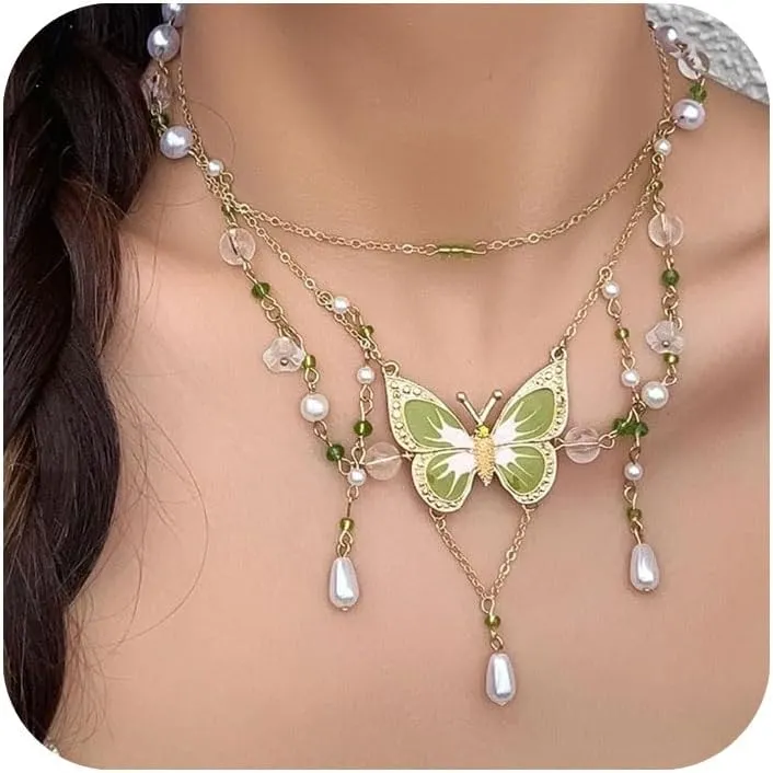 Big Butterfly Layered Fairy Necklace for Women Pearl Tassel Butterfly Pendant Fairy Necklace Summer Party Costume Accessories Jewelry