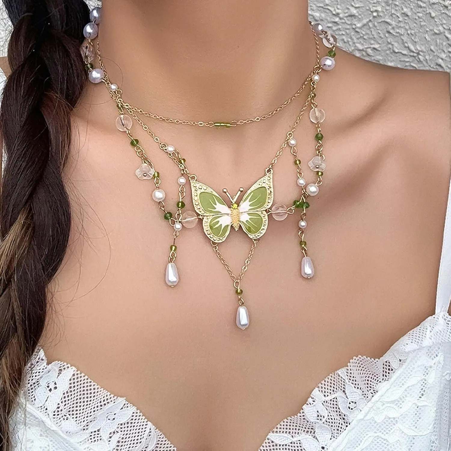 Big Butterfly Layered Fairy Necklace for Women Pearl Tassel Butterfly Pendant Fairy Necklace Summer Party Costume Accessories Jewelry