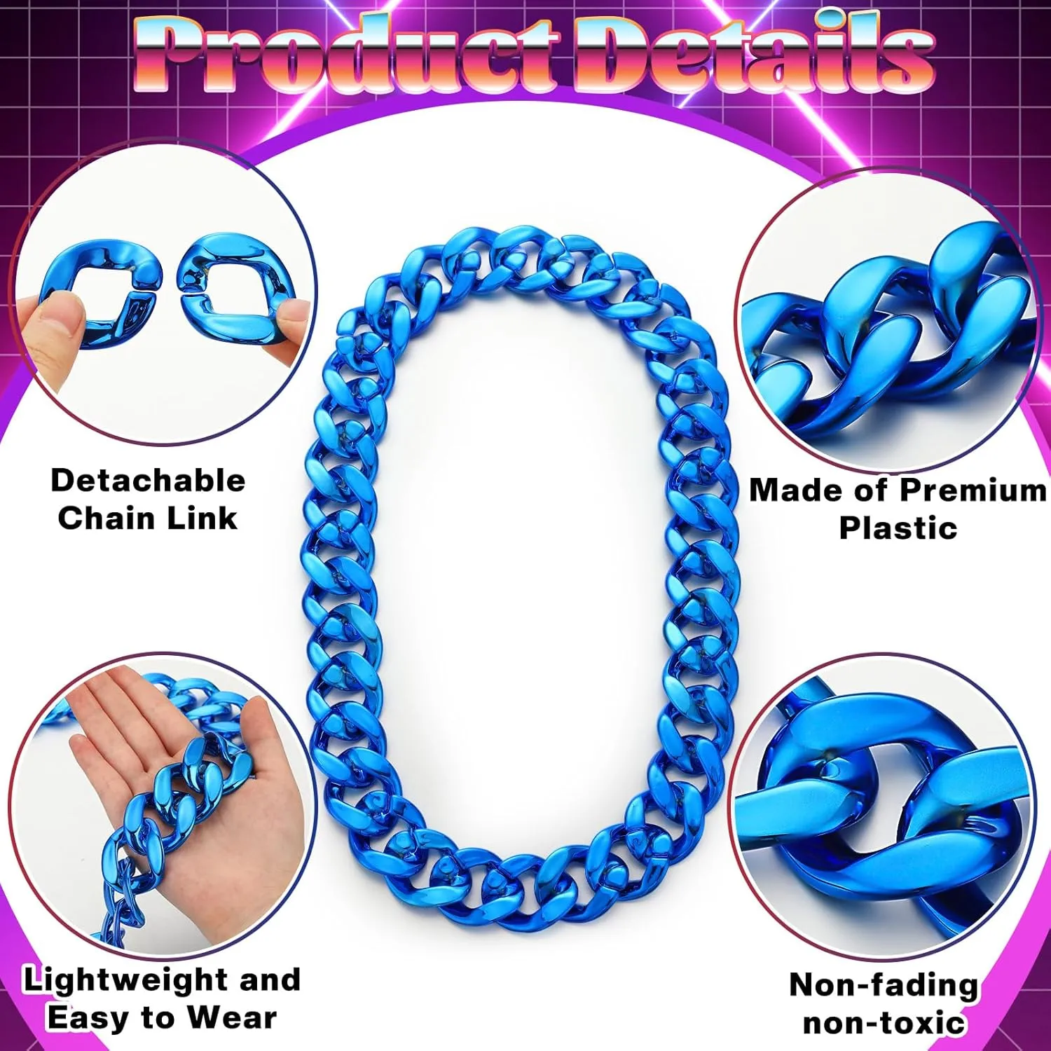 Big Chain Necklace Detachable Hip Hop Rapper Fake Chain Plastic Necklace 80s 90s Costume
