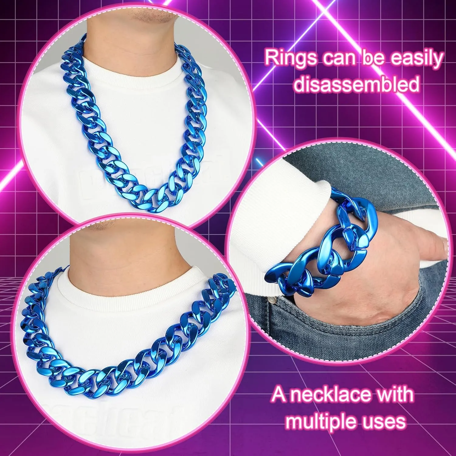 Big Chain Necklace Detachable Hip Hop Rapper Fake Chain Plastic Necklace 80s 90s Costume