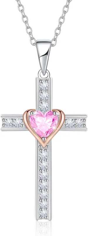 Birthstone Cross Necklace for Women, 925 Sterling Silver Heart Cross Pendant Necklace, Fine Cross Jewelry Birthday Anniversary Mother's Day Gifts for Her Mom Wife, 18" 2" Adjustable
