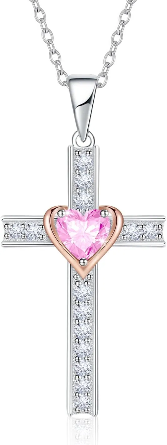 Birthstone Cross Necklace for Women, 925 Sterling Silver Heart Cross Pendant Necklace, Fine Cross Jewelry Birthday Anniversary Mother's Day Gifts for Her Mom Wife, 18" 2" Adjustable