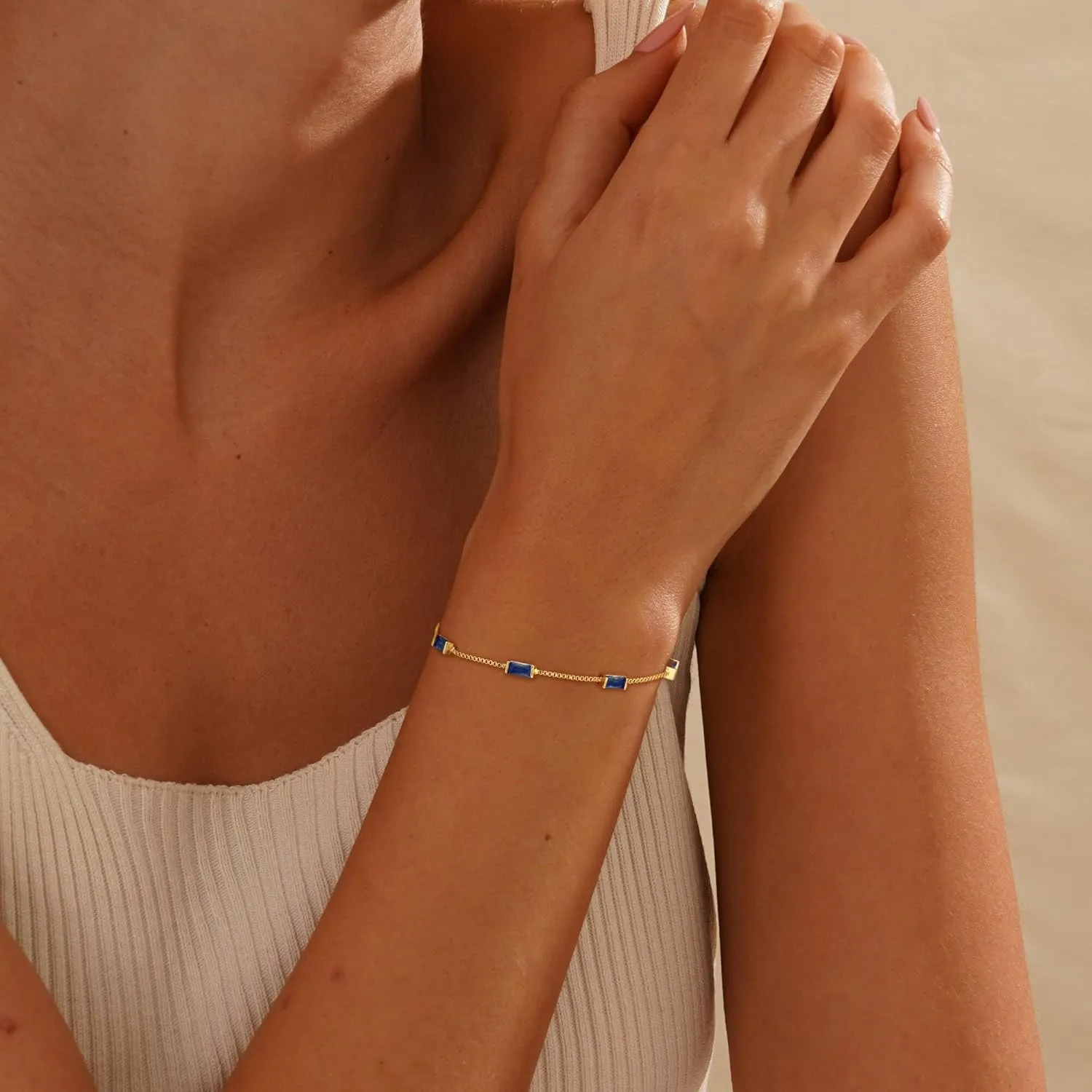 Birthstone Gold Bracelets for Women, Dainty Trendy 14K Gold Plated Link Bracelet Non Tarnish Simple Birthstone Bracelet Jewelry for Mom Wife Best Friends