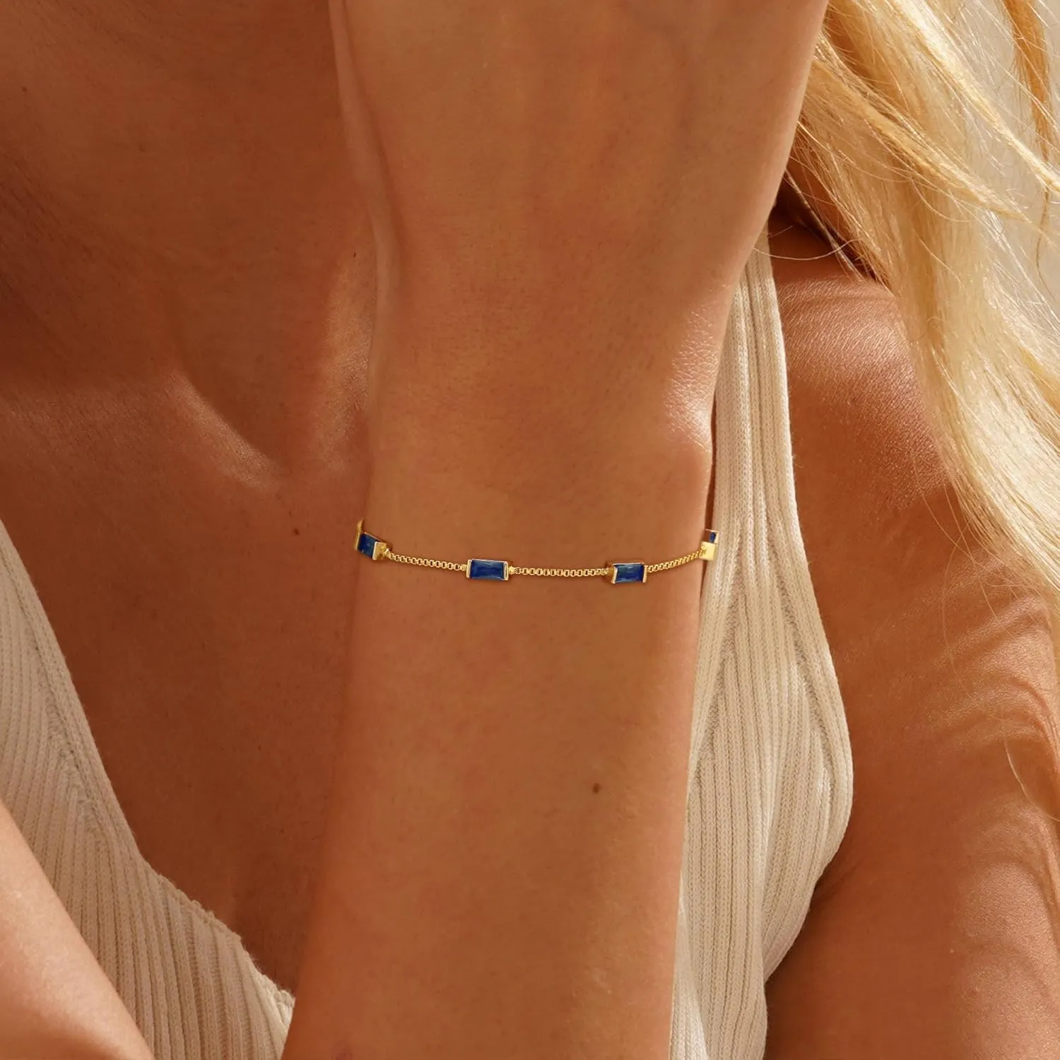 Birthstone Gold Bracelets for Women, Dainty Trendy 14K Gold Plated Link Bracelet Non Tarnish Simple Birthstone Bracelet Jewelry for Mom Wife Best Friends