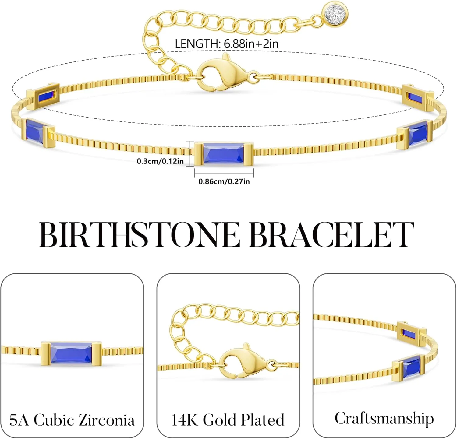Birthstone Gold Bracelets for Women, Dainty Trendy 14K Gold Plated Link Bracelet Non Tarnish Simple Birthstone Bracelet Jewelry for Mom Wife Best Friends