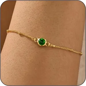 Birthstone Gold Bracelets for Women Trendy Dainty 14K Gold Plated Bracelet Stack Simple Green Emerald Friendship Bracelets Jewelry Birthday Gifts for Mother Wife Friend
