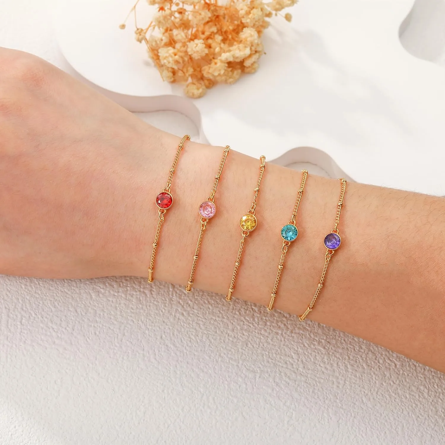 Birthstone Gold Bracelets for Women Trendy Dainty 14K Gold Plated Bracelet Stack Simple Green Emerald Friendship Bracelets Jewelry Birthday Gifts for Mother Wife Friend