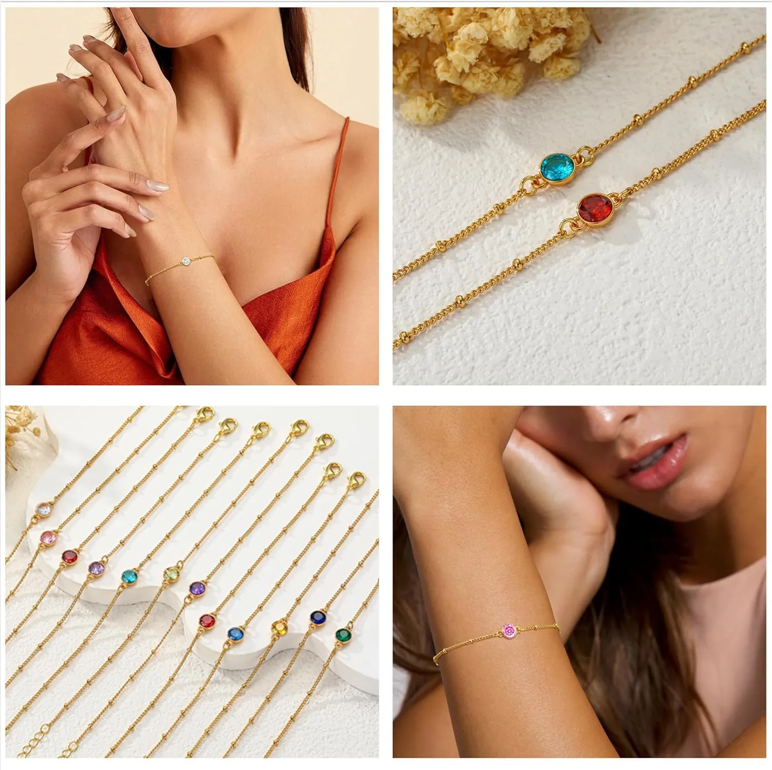 Birthstone Gold Bracelets for Women Trendy Dainty 14K Gold Plated Bracelet Stack Simple Green Emerald Friendship Bracelets Jewelry Birthday Gifts for Mother Wife Friend