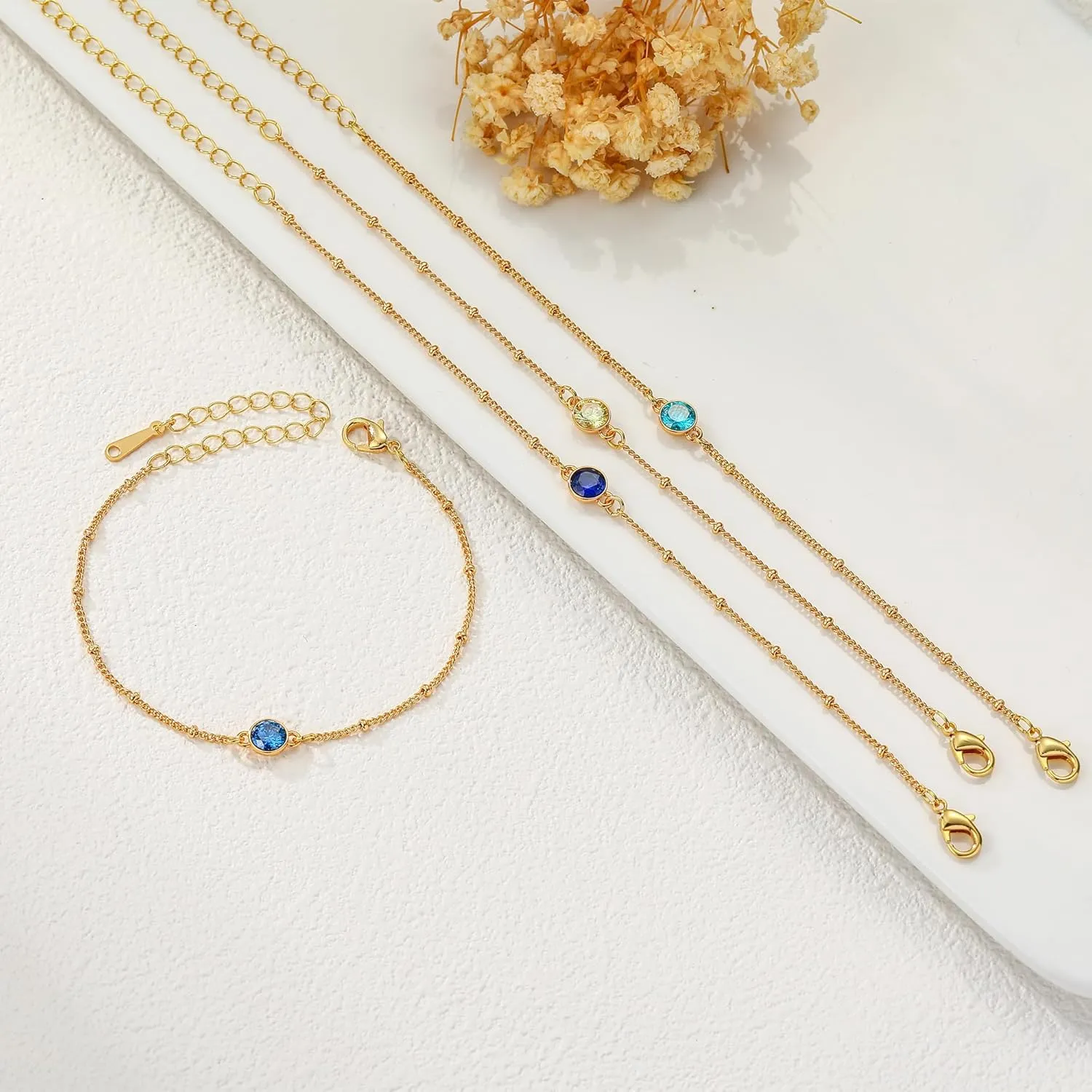 Birthstone Gold Bracelets for Women Trendy Dainty 14K Gold Plated Bracelet Stack Simple Green Emerald Friendship Bracelets Jewelry Birthday Gifts for Mother Wife Friend