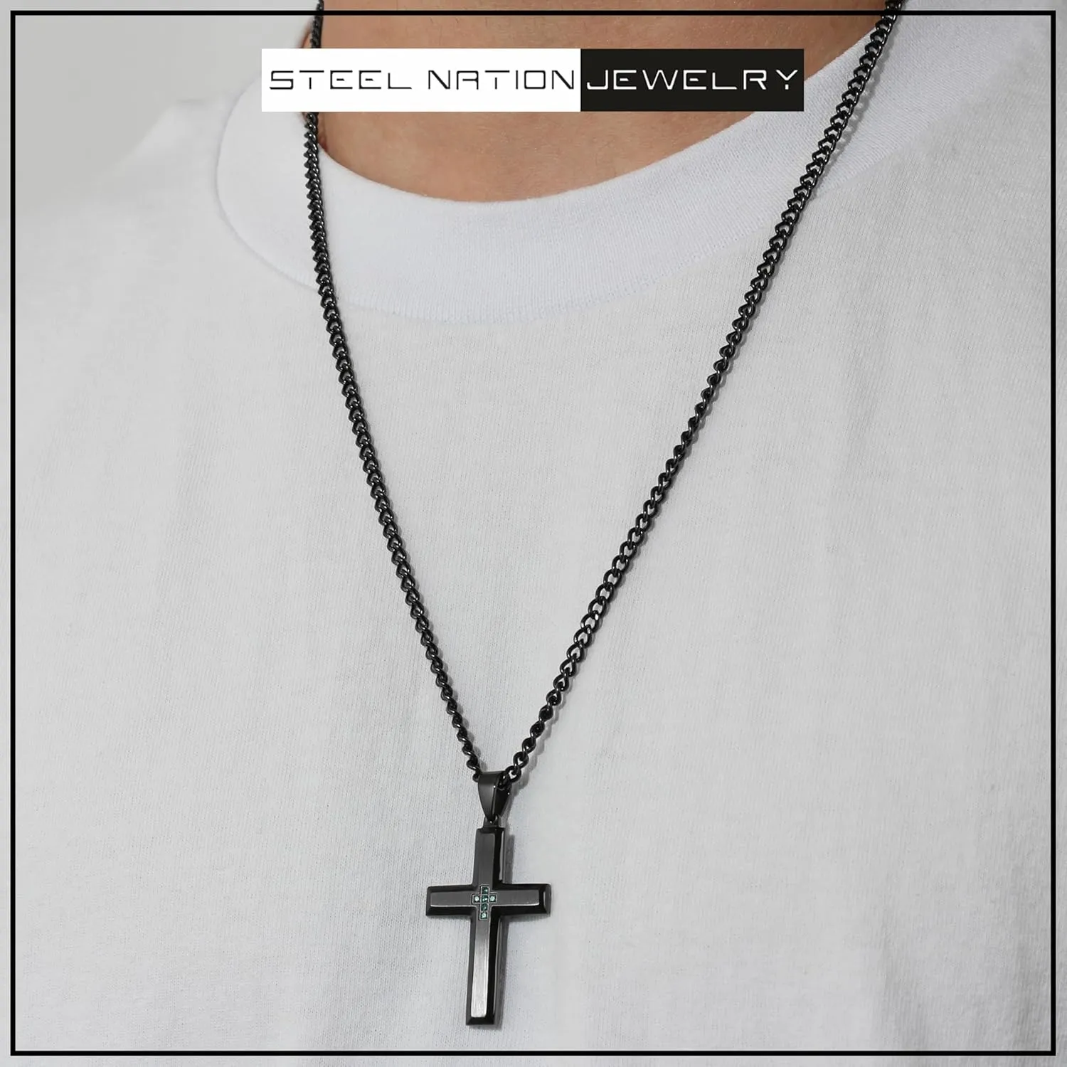 Black Cross Pendant Necklace for Men 24" Stainless Steel Cuban Chain, Mens Jewelry - Choice of Colors