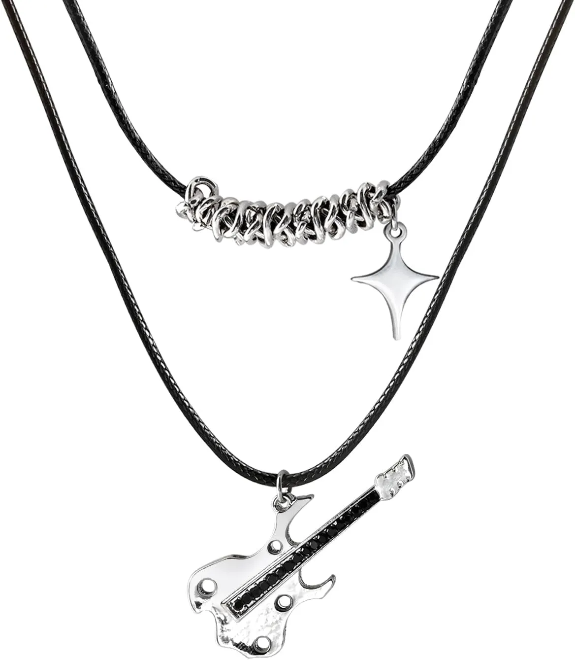 Black Leather Layered Necklaces for Women Y2k Necklace with Electric Guitar and Star Pendant Punk Accessories for Music Jewelry