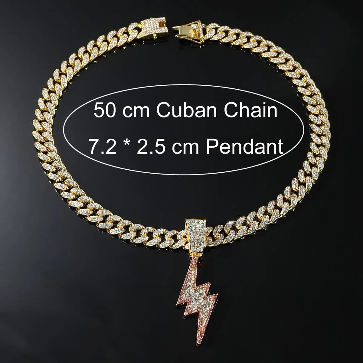 Bling Lightning Bolt CZ Iced Out Necklace for Men,Fake Diamond Thick Cuban Link Chain Rapper Hip Hop Custume Jewelry 18K Gold/Platinum Plated with Sparkly Lightning Charms