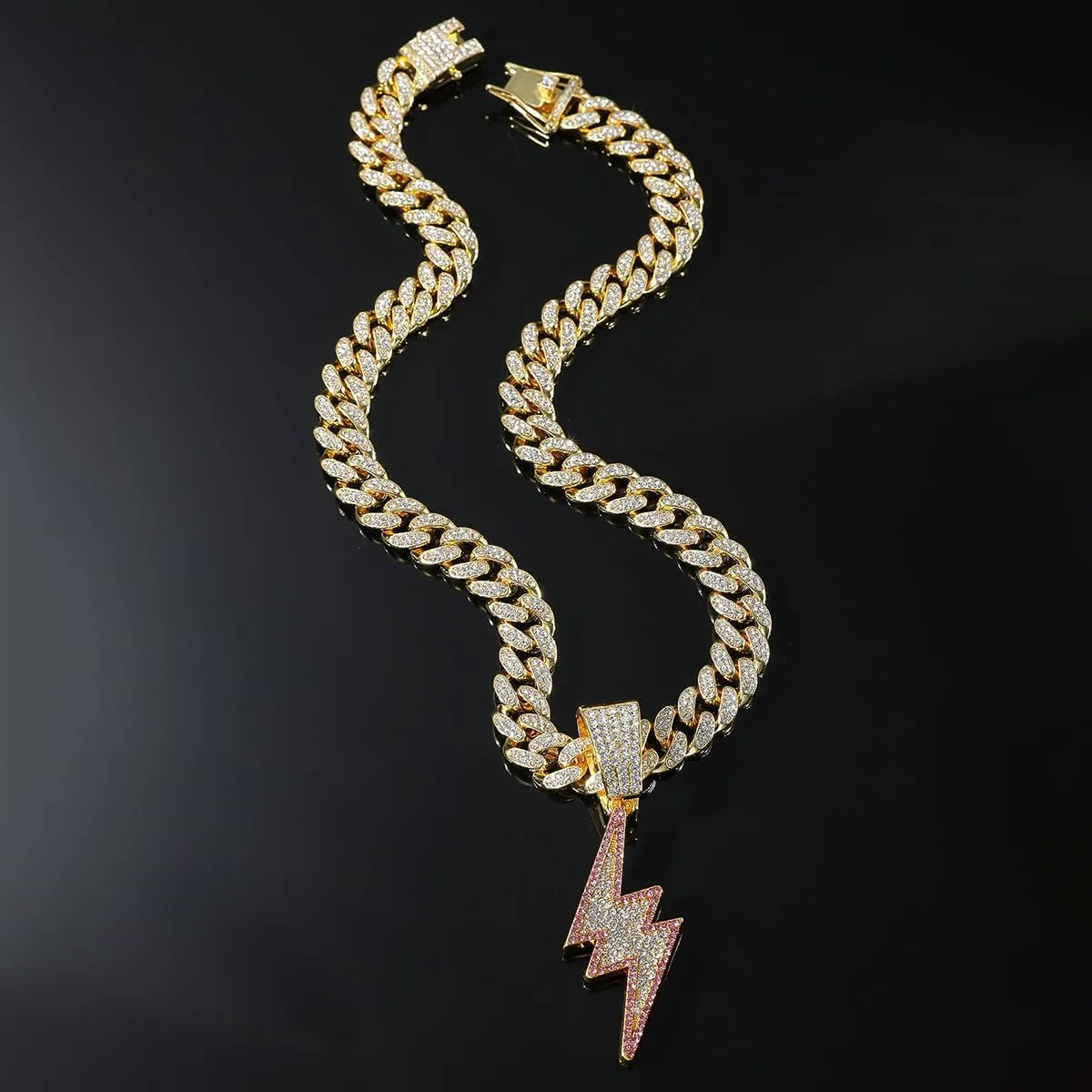 Bling Lightning Bolt CZ Iced Out Necklace for Men,Fake Diamond Thick Cuban Link Chain Rapper Hip Hop Custume Jewelry 18K Gold/Platinum Plated with Sparkly Lightning Charms