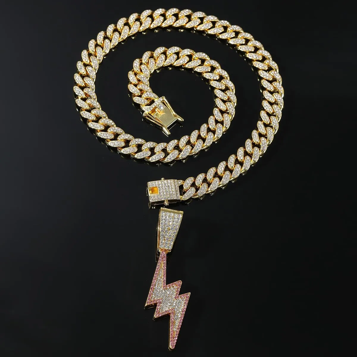 Bling Lightning Bolt CZ Iced Out Necklace for Men,Fake Diamond Thick Cuban Link Chain Rapper Hip Hop Custume Jewelry 18K Gold/Platinum Plated with Sparkly Lightning Charms