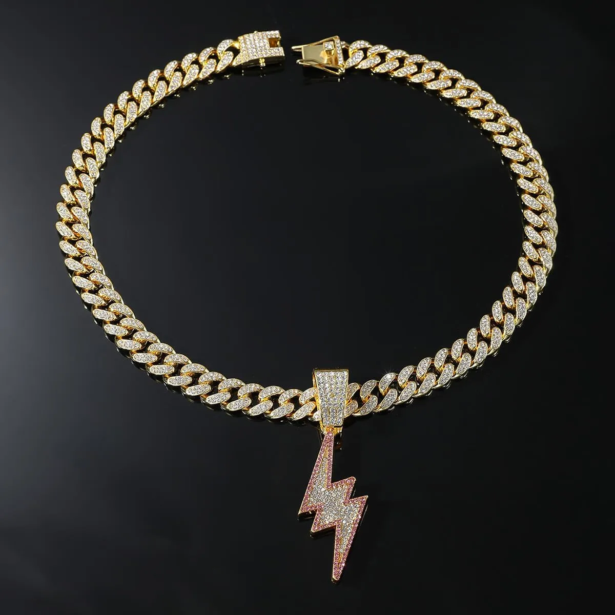 Bling Lightning Bolt CZ Iced Out Necklace for Men,Fake Diamond Thick Cuban Link Chain Rapper Hip Hop Custume Jewelry 18K Gold/Platinum Plated with Sparkly Lightning Charms