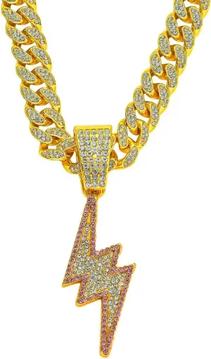Bling Lightning Bolt CZ Iced Out Necklace for Men,Fake Diamond Thick Cuban Link Chain Rapper Hip Hop Custume Jewelry 18K Gold/Platinum Plated with Sparkly Lightning Charms