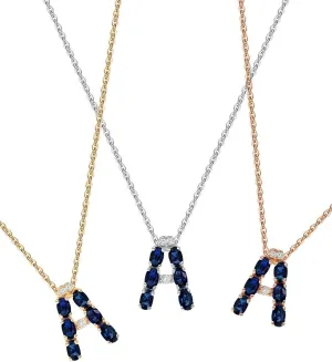 Blue Sapphire Initial Necklace With Diamonds & 18K Gold Chain | Irresistible Letter Pendants Jewelry | Perfect Valentines Day, Anniversary & Birthday Gift