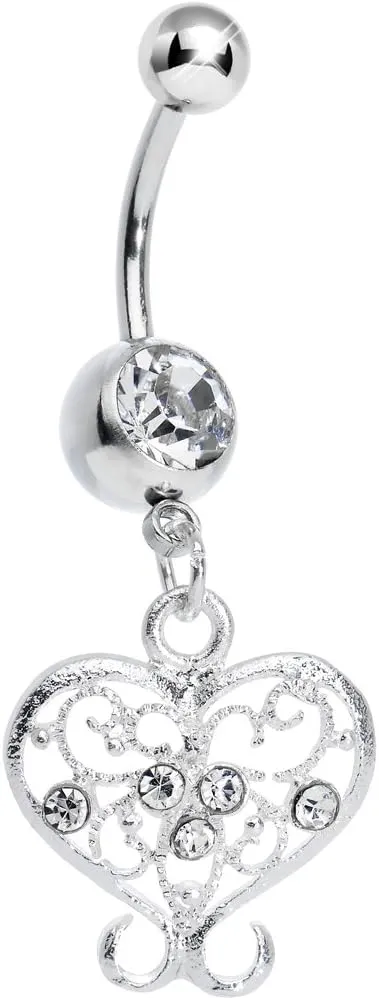 Body Candy Clear Opulent Scrolled Heart Dangle Belly Ring