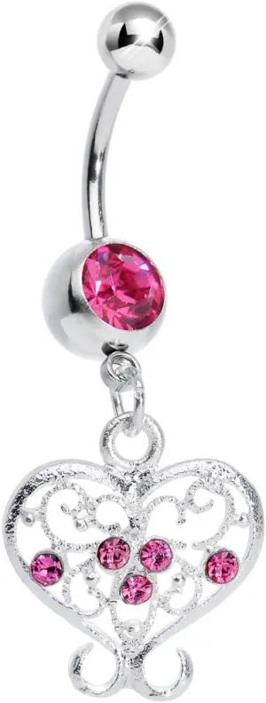 Body Candy Dark Pink Opulent Scrolled Heart Dangle Belly Ring