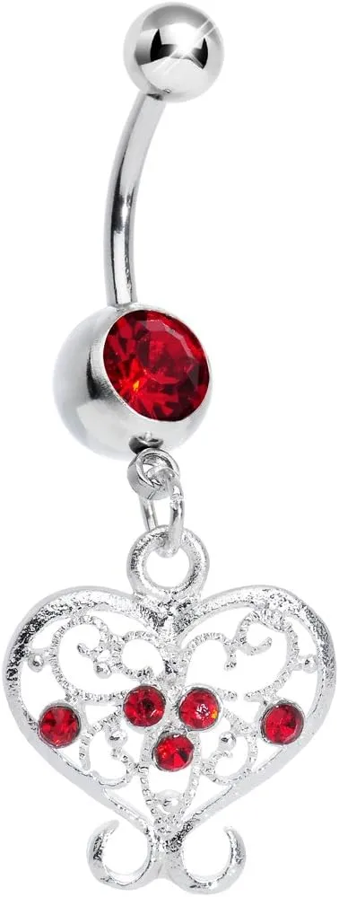 Body Candy Red Opulent Scrolled Heart Dangle Belly Ring