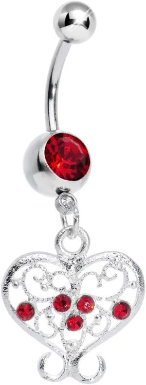 Body Candy Red Opulent Scrolled Heart Dangle Belly Ring