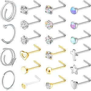 BodyAce 20G Nose Rings Nostril Studs, 316L Surgical Steel Nose Hoops Nostril Ring, Gold CZ Nose Piercings L Shaped Corkscrew Nose Jewelry for Women Men