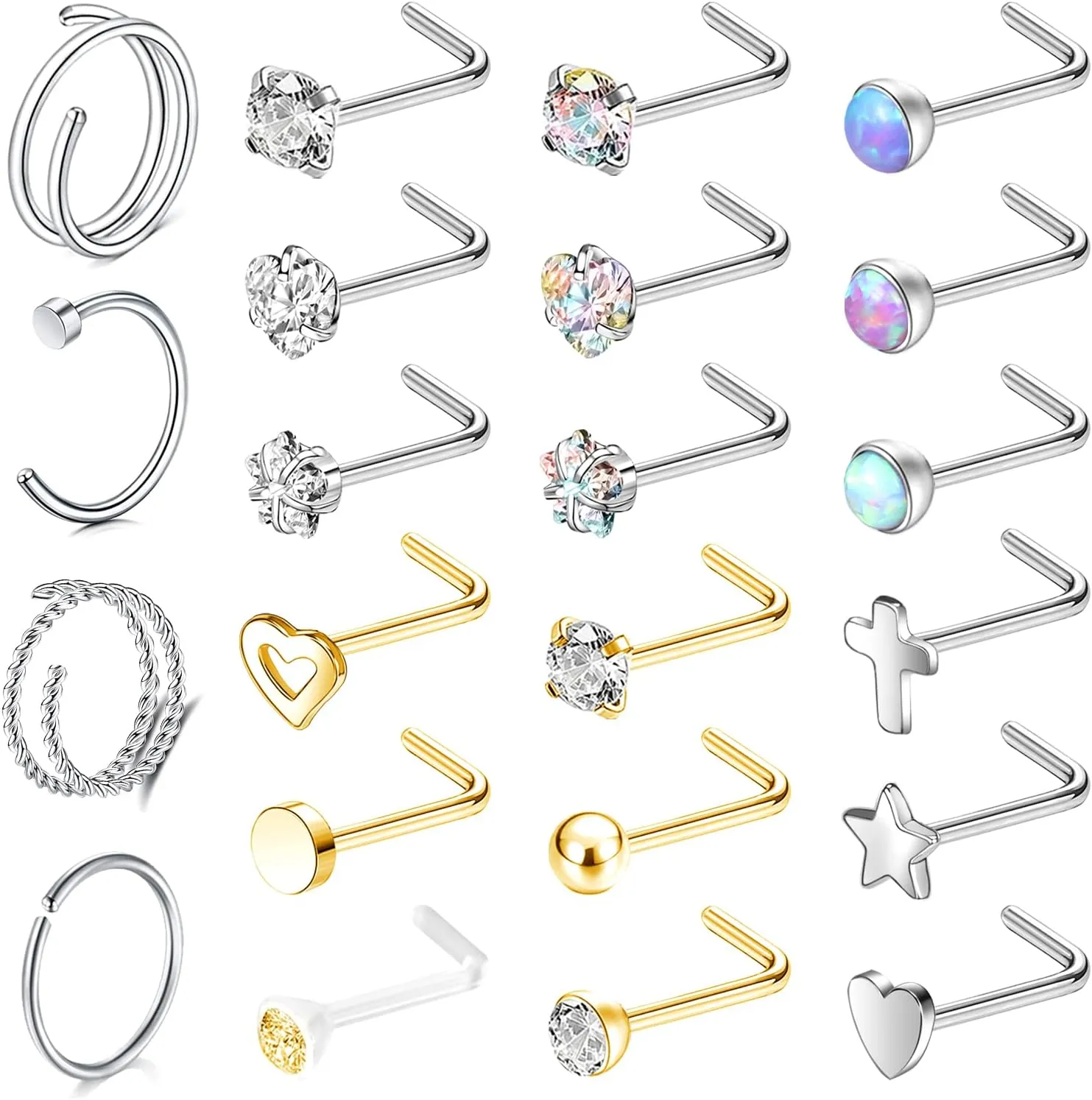 BodyAce 20G Nose Rings Nostril Studs, 316L Surgical Steel Nose Hoops Nostril Ring, Gold CZ Nose Piercings L Shaped Corkscrew Nose Jewelry for Women Men