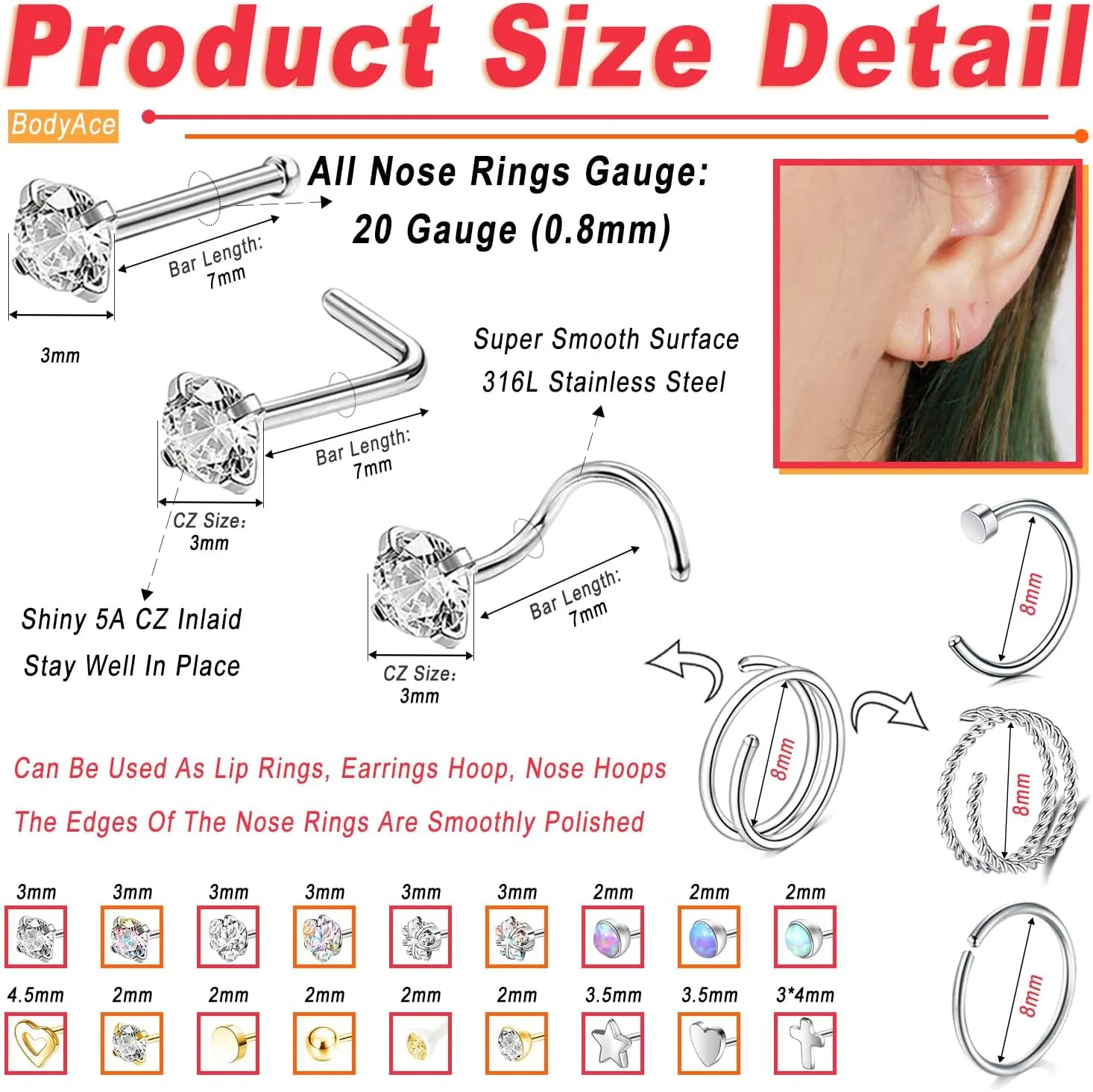 BodyAce 20G Nose Rings Nostril Studs, 316L Surgical Steel Nose Hoops Nostril Ring, Gold CZ Nose Piercings L Shaped Corkscrew Nose Jewelry for Women Men
