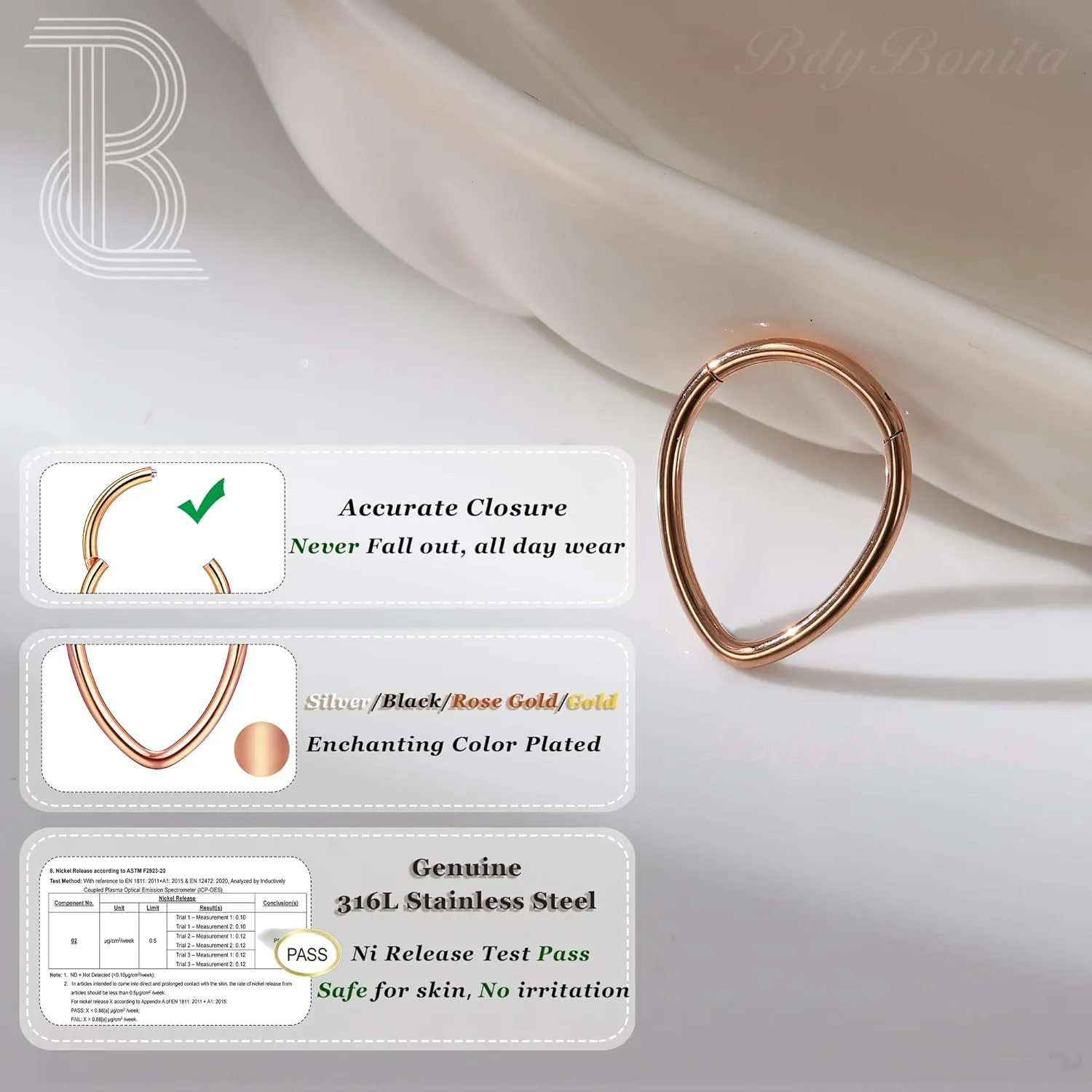 BodyBonita 16G Septum Rings Teardrop - 316L Surgical Steel Nose Rings Hoops Teardrop Seamless Hinged Cartilage Earrings for Women Conch Daith Piercing Jewelry Helix Rook Lip Gold/Silver/Black/RoseGold