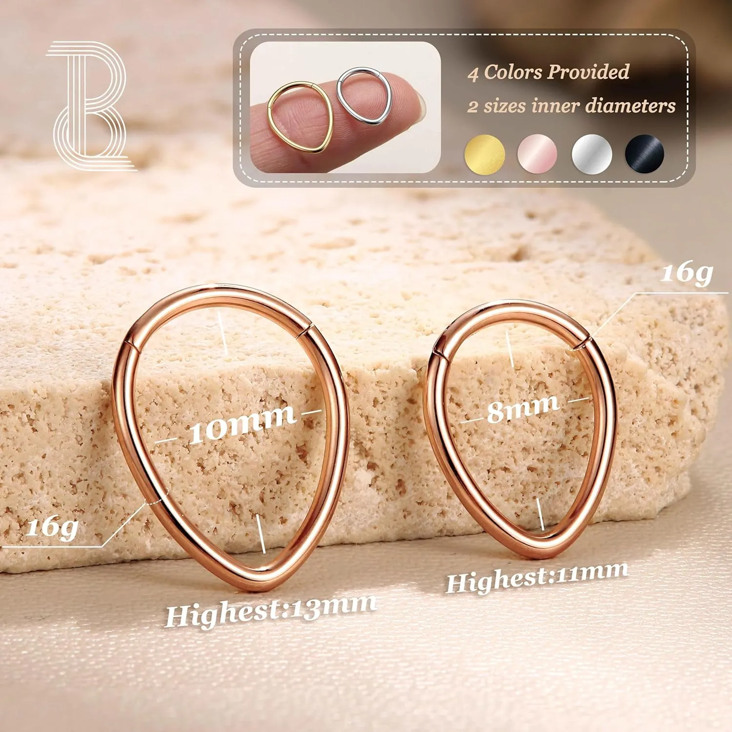 BodyBonita 16G Teardrop Septum Rings - G23 Titanium Nose Rings Hoops Seamless Hinged Cartilage Conch Daith Helix Rook Earrings Piercings Septum Jewelry for Women Men Gold/Silver/Black/Rose Gold