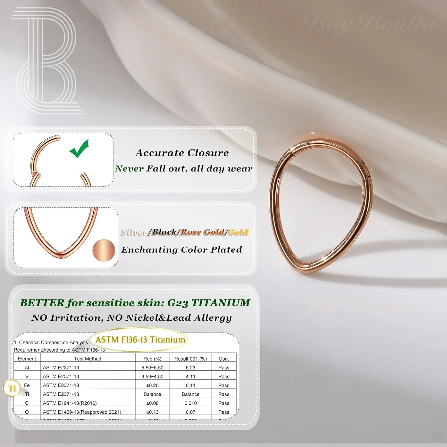 BodyBonita 16G Teardrop Septum Rings - G23 Titanium Nose Rings Hoops Seamless Hinged Cartilage Conch Daith Helix Rook Earrings Piercings Septum Jewelry for Women Men Gold/Silver/Black/Rose Gold
