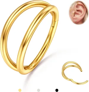 BodyBonita Triple/Double Hoop Nose Ring - G23 Titanium Septum Rings 16G/18G/20G CZ Nose Piercings Jewelry Conch Helix Daith Rook Tragus Cartilage Earring Hinged Nostril Piercing Gold/Black/Silver