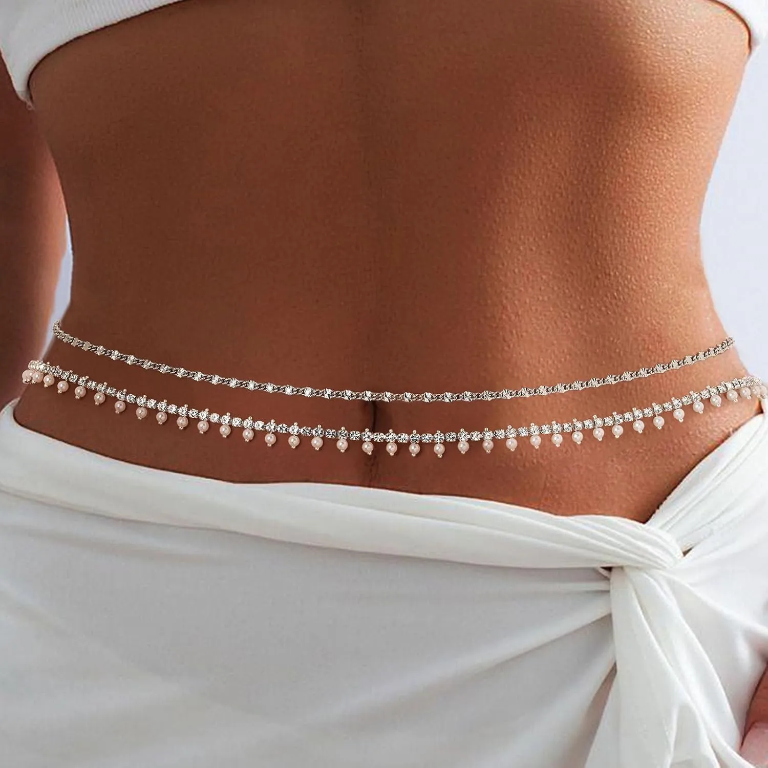 Bohend Layered Rhinestone Waist Chain Silver Belly Chains Pearl Belt Jewelry Body Chain Adjustable Accessories for Women and Girls