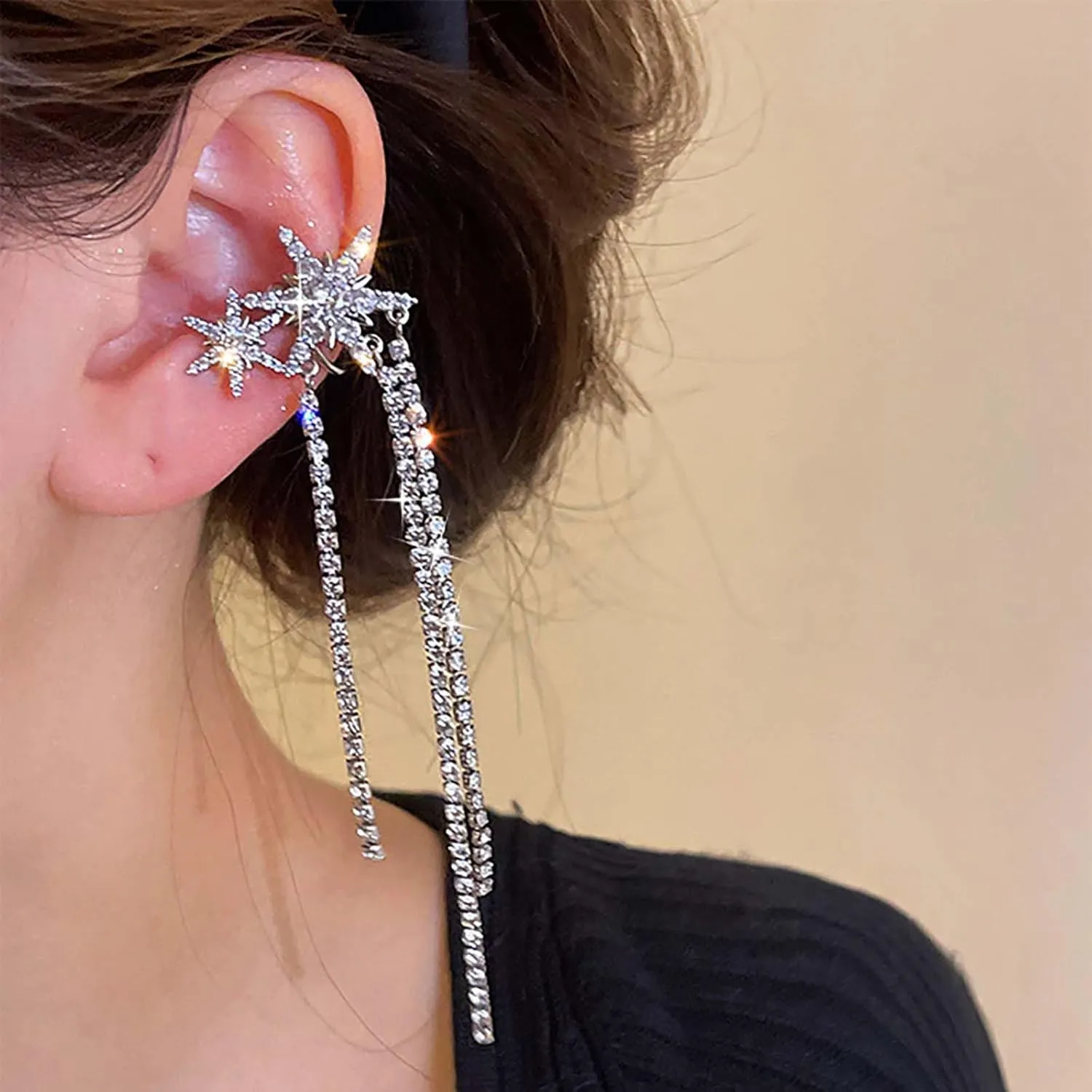 Boho Crystal Star Ear Cuff Earrings Cz Star Cuff Wrap Earrings Long Rhinestone Tassel Earrings Silver Tennis Cuff Chain Earrings Rhinestone Star Ear Crawler Chain Cuff Earrings(Silver Left)