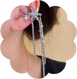 Boho Crystal Star Ear Cuff Earrings Cz Star Cuff Wrap Earrings Long Rhinestone Tassel Earrings Silver Tennis Cuff Chain Earrings Rhinestone Star Ear Crawler Chain Cuff Earrings(Silver Left)