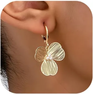 Boho Flower Hoop Earrings for Women 14K Gold Plated Floral Petal Huggie Earrings Wedding Jewelry
