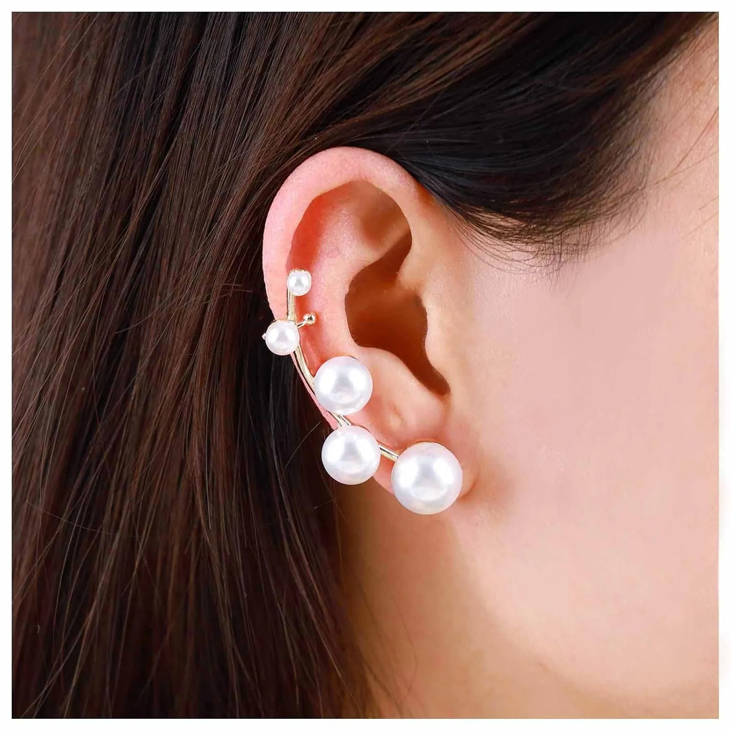 Boho Pearl Ear Climber Earrings Gold Pearl Ear Crawler Earrings Gold Pearl Ear Cuff Clip Earrings Pearl Stud Earrings Jewelry for Women(Gold Right)