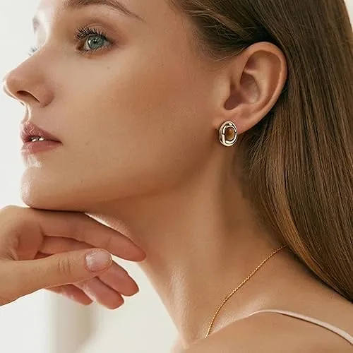 Bow Tiger Eye Stone Stud Earrings for Woman, Cute Statement Earing Prom Bridal Wedding Accessories Fashion Preppy Jewelry Gift