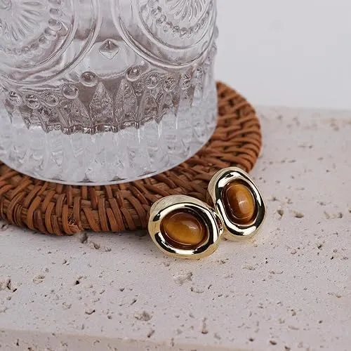 Bow Tiger Eye Stone Stud Earrings for Woman, Cute Statement Earing Prom Bridal Wedding Accessories Fashion Preppy Jewelry Gift