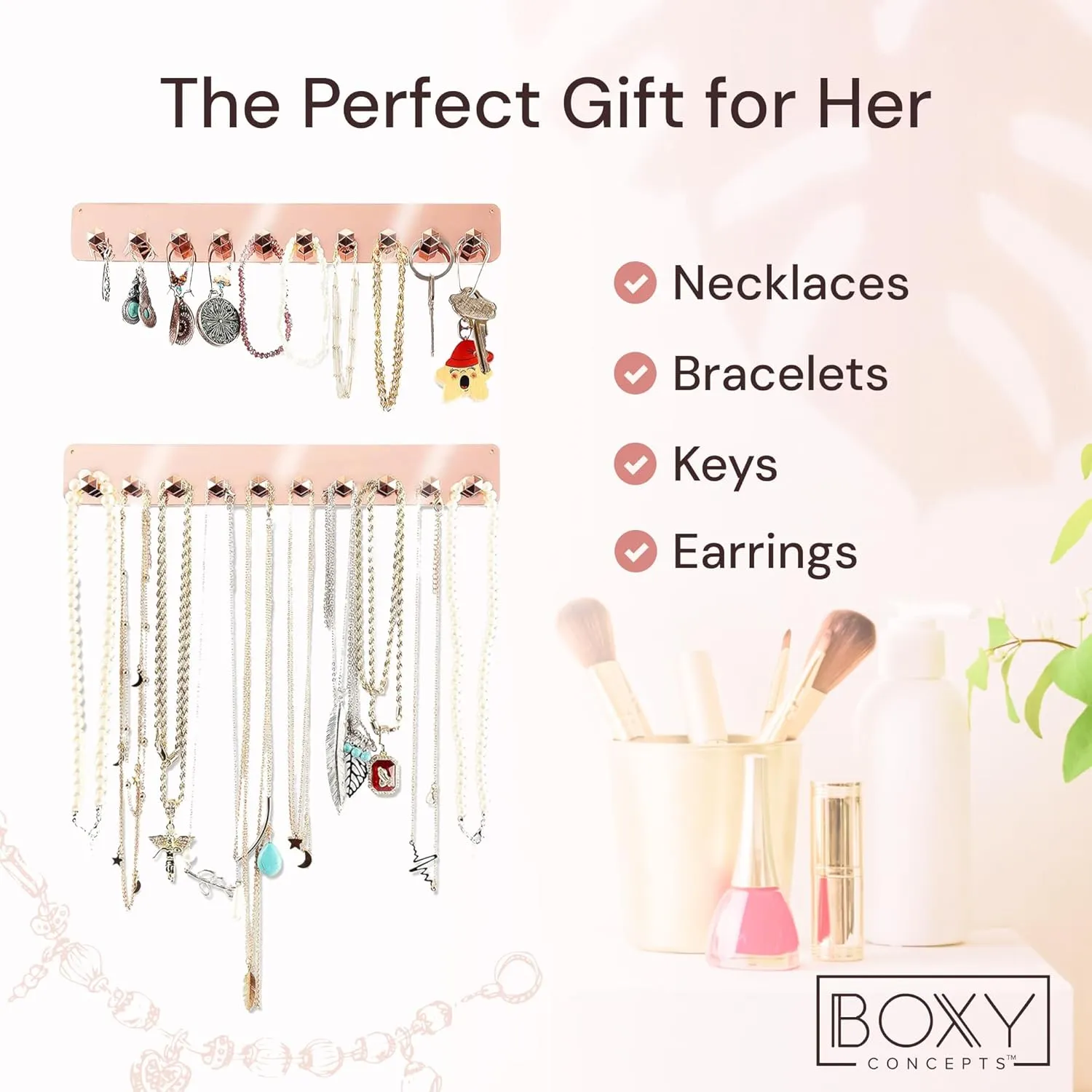 Boxy Concepts Jewelry Organizer - 2 Pack Rose Gold Premium Adhesive Holder | Hanging Necklace & Key Rack with 10 Hooks for Necklaces, Earrings, Bracelets, and Keys Easy-Install 10.5"x1.5"