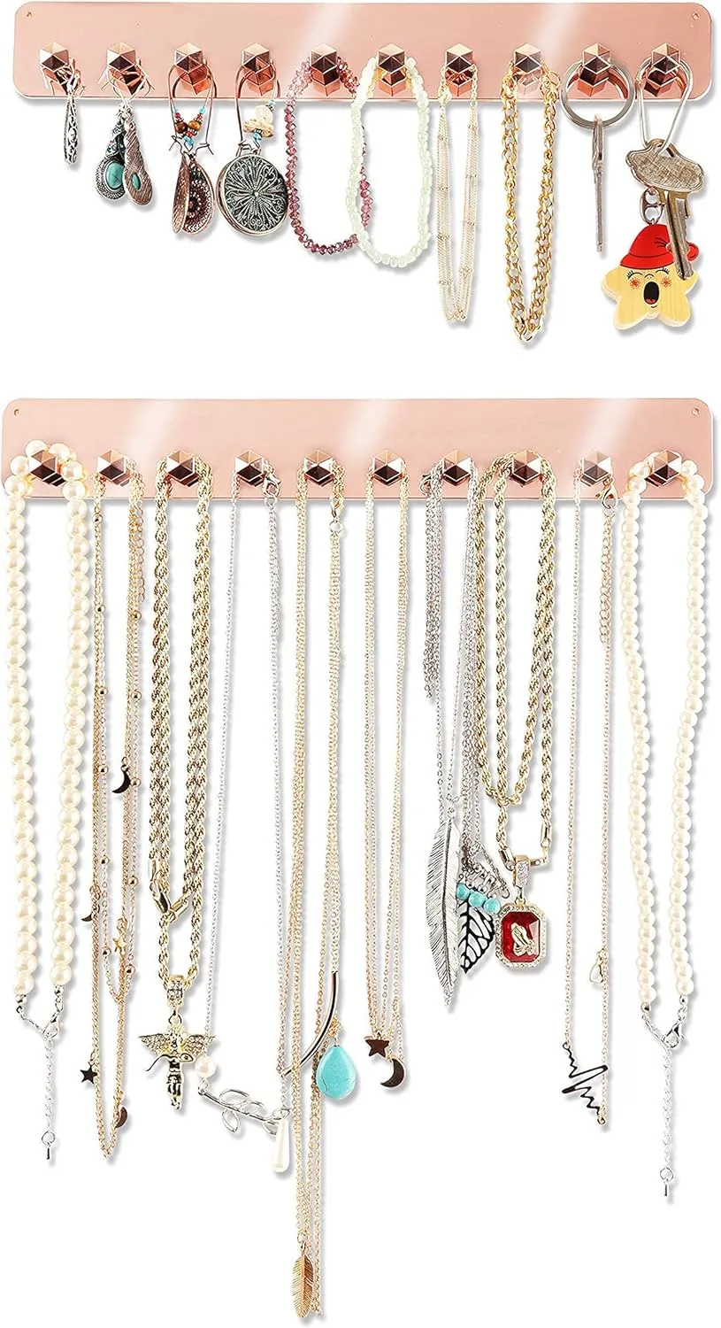 Boxy Concepts Jewelry Organizer - 2 Pack Rose Gold Premium Adhesive Holder | Hanging Necklace & Key Rack with 10 Hooks for Necklaces, Earrings, Bracelets, and Keys Easy-Install 10.5"x1.5"
