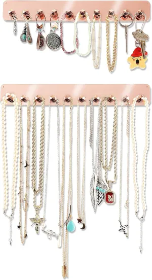 Boxy Concepts Jewelry Organizer - 2 Pack Rose Gold Premium Adhesive Holder | Hanging Necklace & Key Rack with 10 Hooks for Necklaces, Earrings, Bracelets, and Keys Easy-Install 10.5"x1.5"